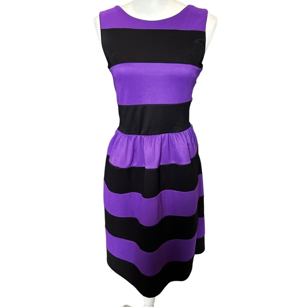 Purple Black Striped Fit & Flare Midi Dress Women's Medium Sleeveless Retro - Picture 2 of 8